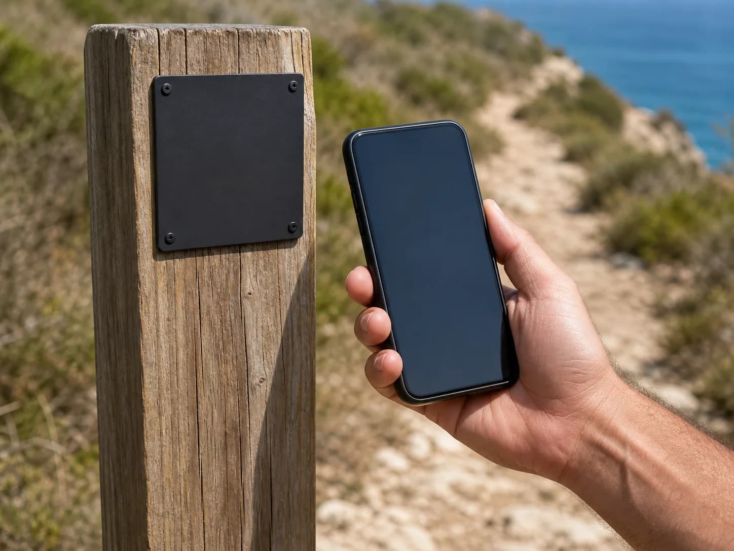 Visitatore che inquadra con il telefono una targa lungo un sentiero