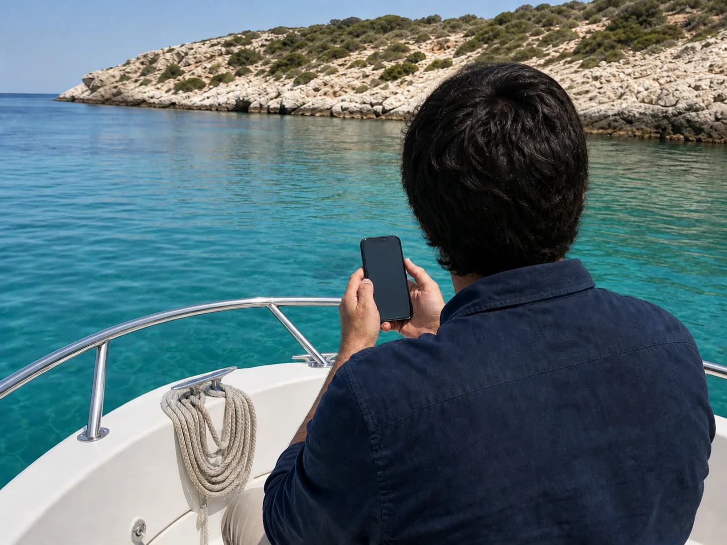 Persona che consulta il telefono a bordo di un’imbarcazione
