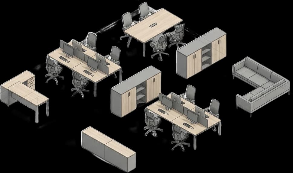 Render 3D di un progetto di arredo ufficio