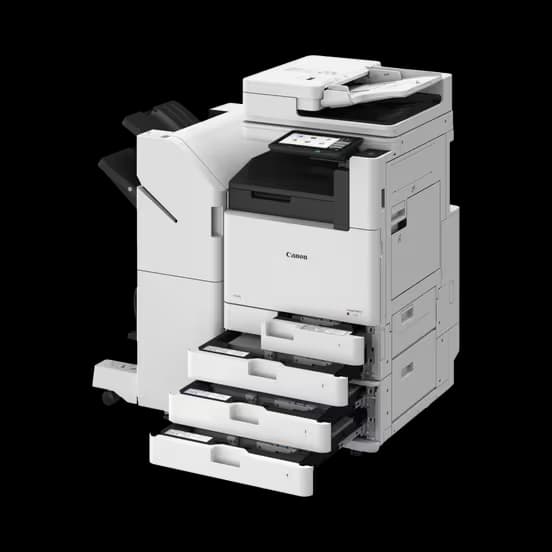 Canon imageFORCE C3122 con cassetti carta aperti e finisher esterno