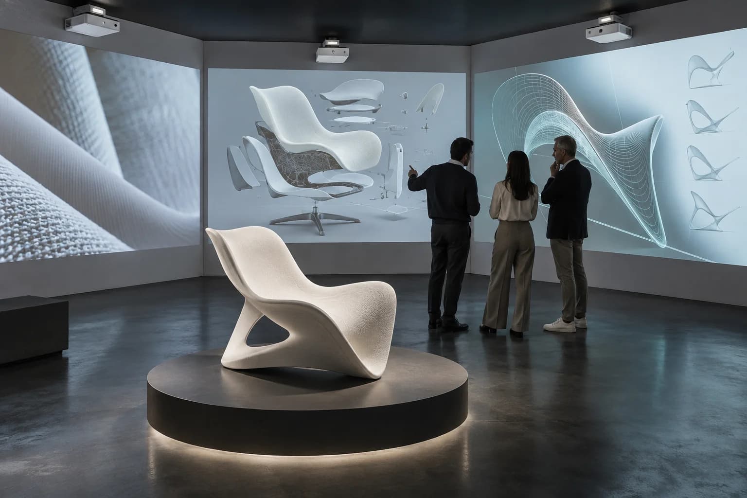 Concept di showroom immersivo: una poltrona di design e le sue forme progettuali proiettate sulle pareti