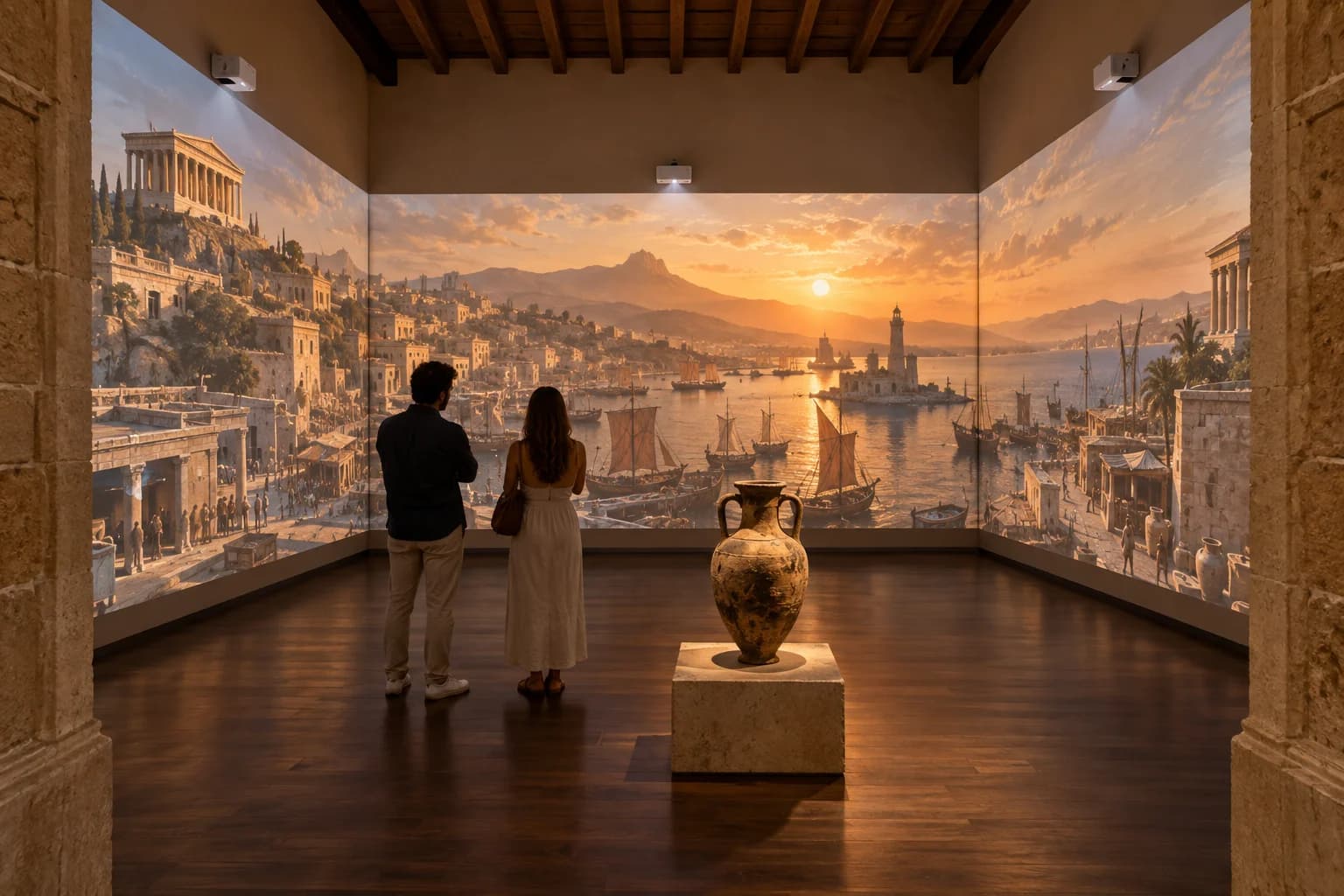 Concept museale: una ricostruzione storica avvolge una sala in pietra con un’anfora e visitatori