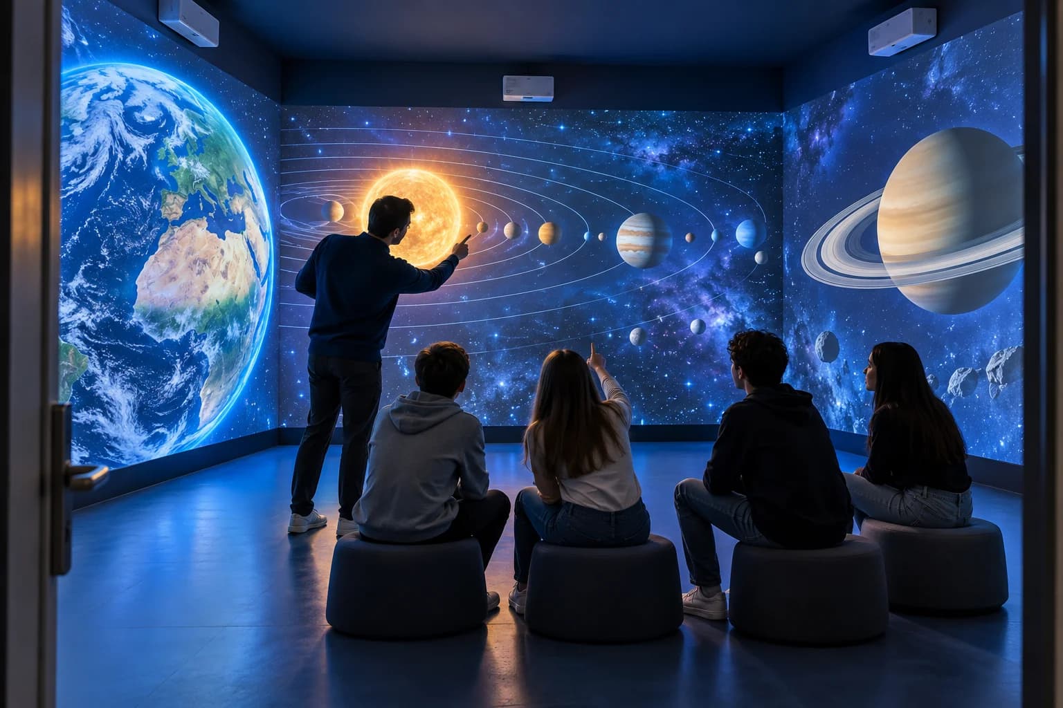 Concept di aula immersiva: studenti e docente esplorano il sistema solare proiettato su tre pareti