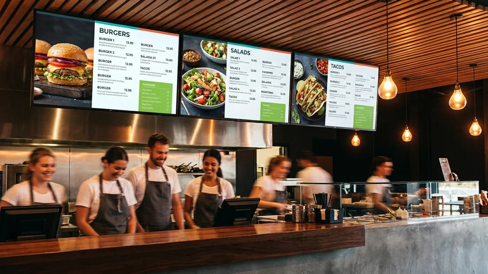 Menu board digitali sopra il bancone di un locale