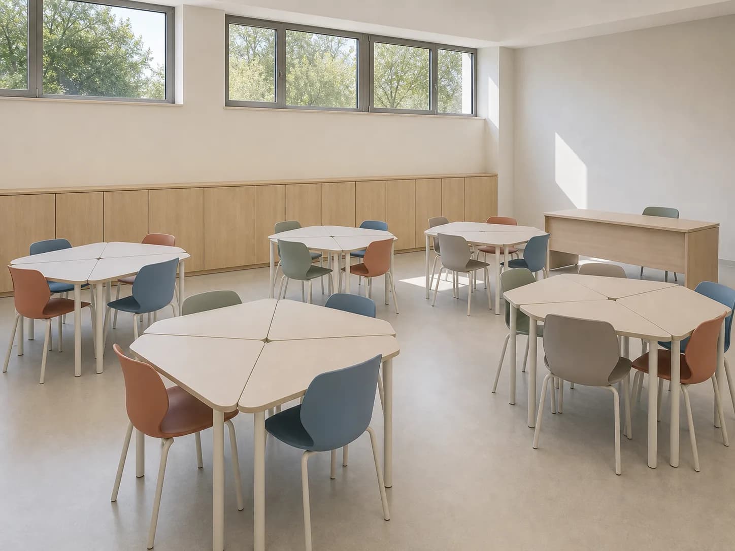 Aula rinnovata con banchi modulari disposti a isole