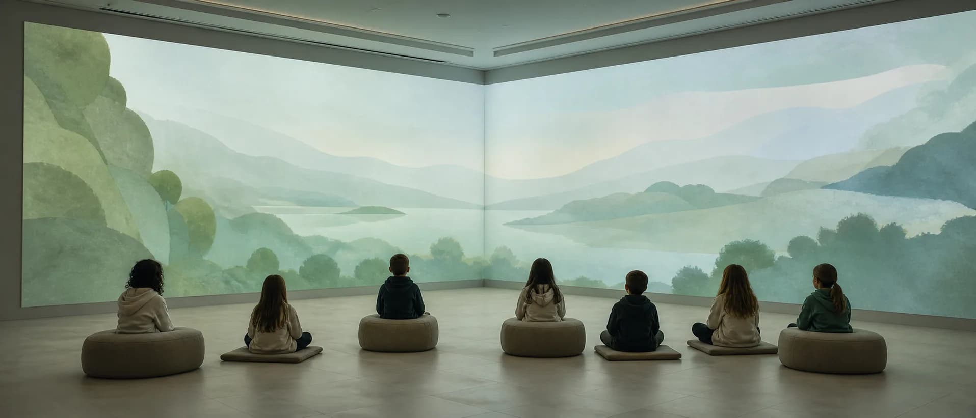 Aula immersiva con proiezione su parete e studenti