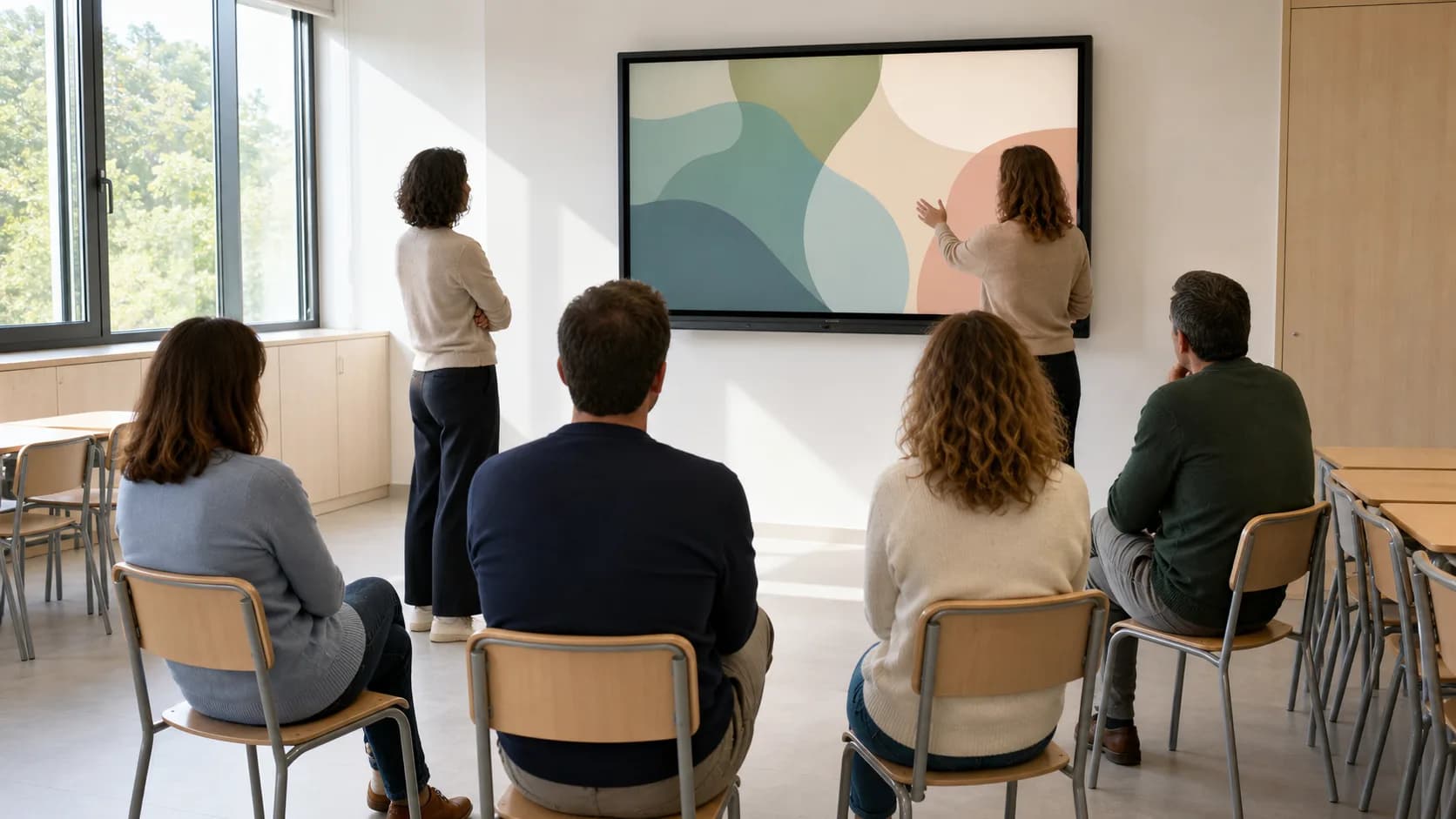 Sessione di formazione per docenti attorno a un monitor interattivo