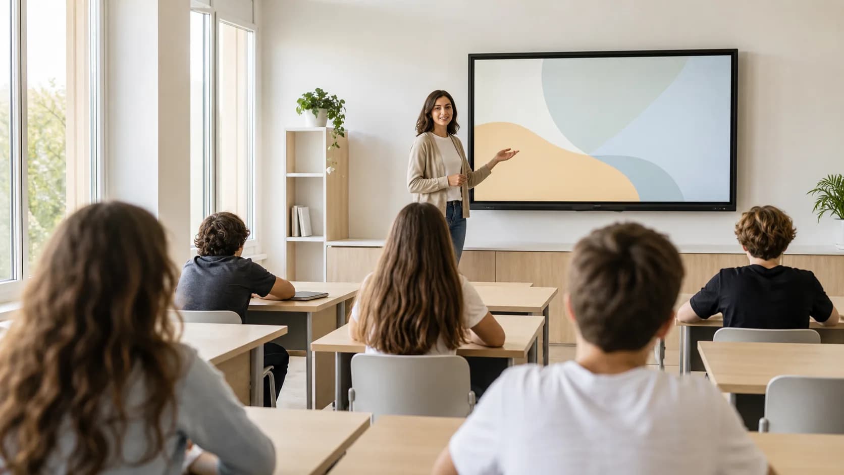 Aula scolastica con monitor interattivo durante una lezione