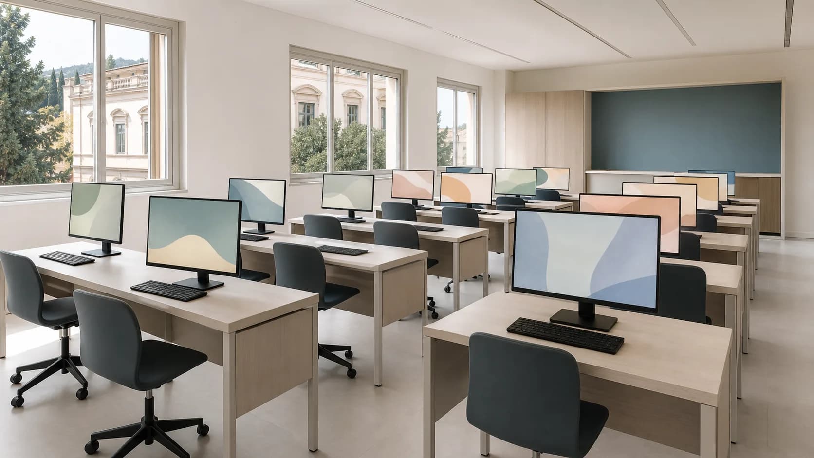 Aula di informatica con postazioni allestite