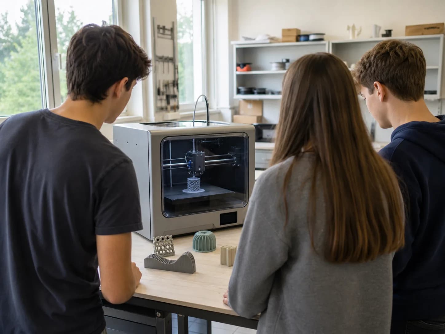 Studenti attorno a una stampante 3D in laboratorio