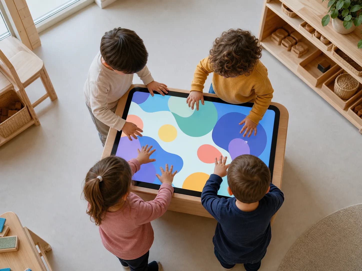 Bambini attorno a un tavolo interattivo touch