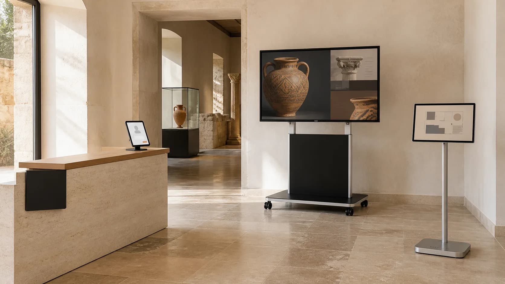 Postazione di accoglienza con monitor, totem e tablet per la registrazione