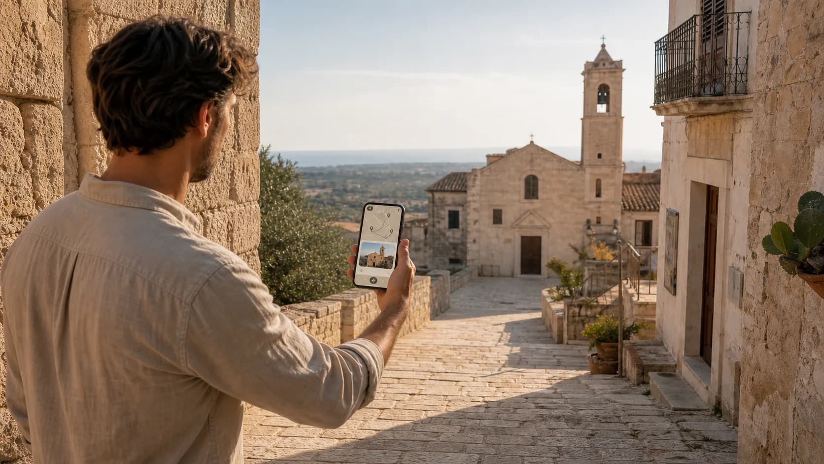 Visitatore che consulta l’app di visita sul proprio smartphone