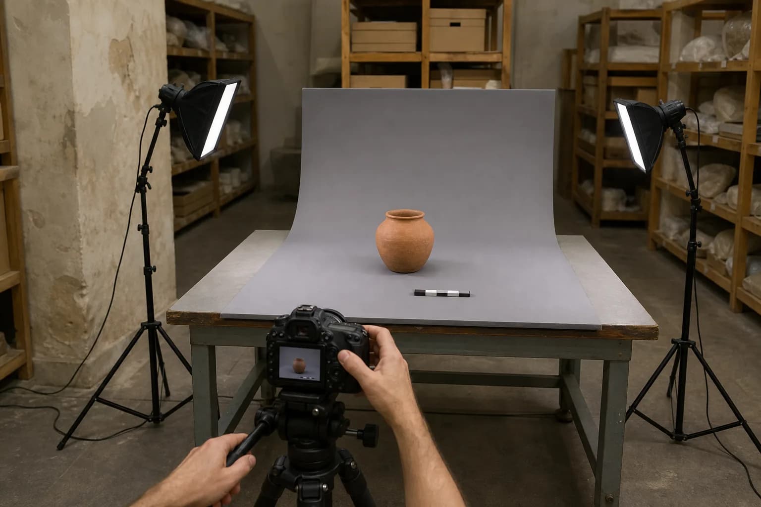 Postazione di ripresa fotografica per la catalogazione di un reperto in deposito