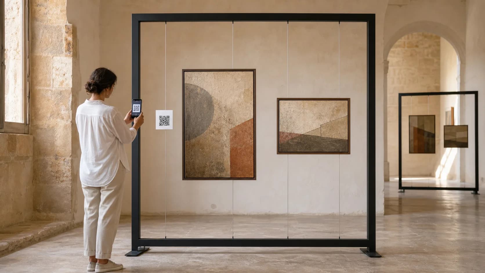Visitatore che inquadra un codice QR accanto a un'opera esposta