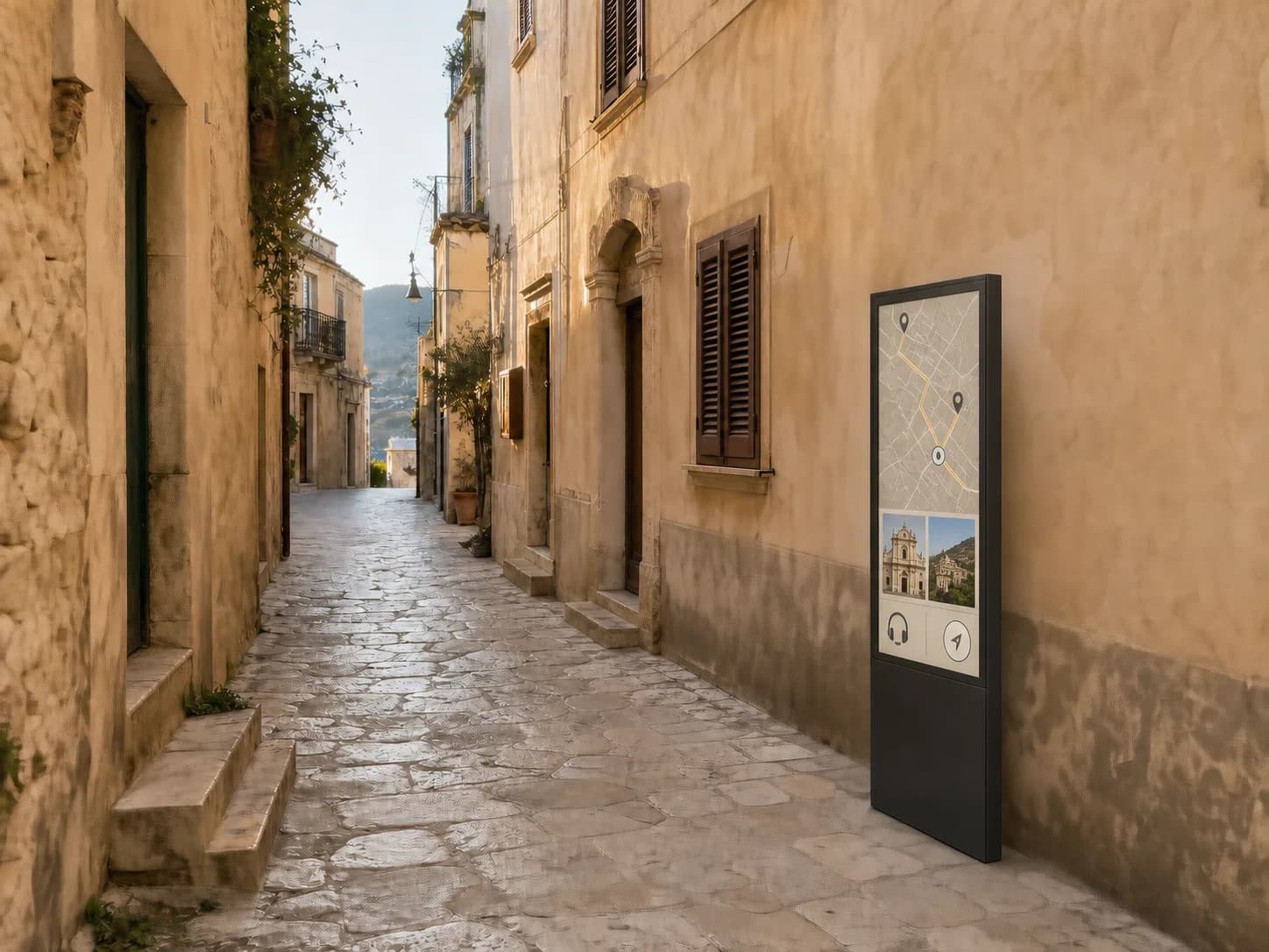 Totem informativo da esterno lungo un percorso di visita in un borgo