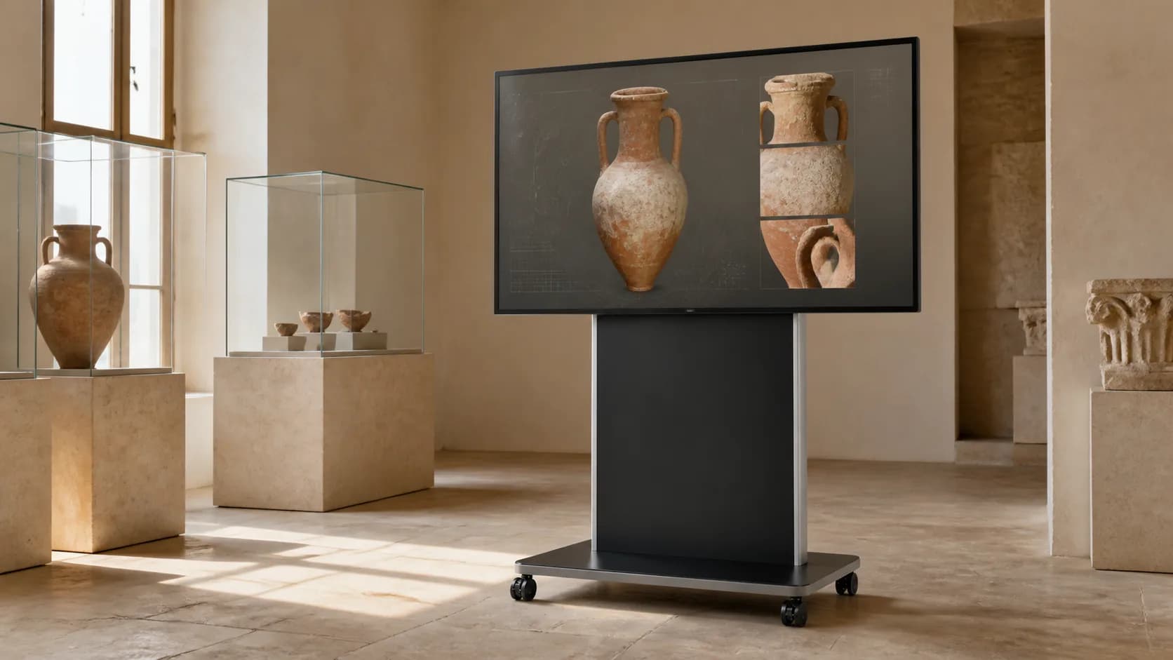 Sala espositiva di un piccolo museo con teca e monitor informativo a parete