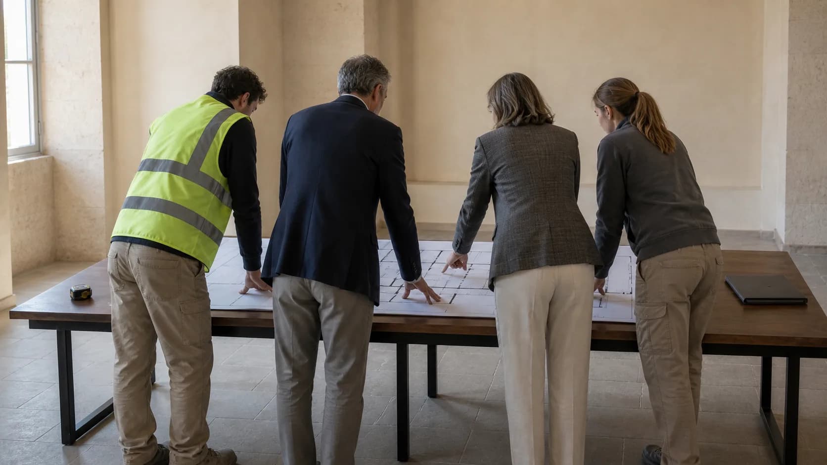 Sopralluogo tecnico con planimetria in un ambiente museale