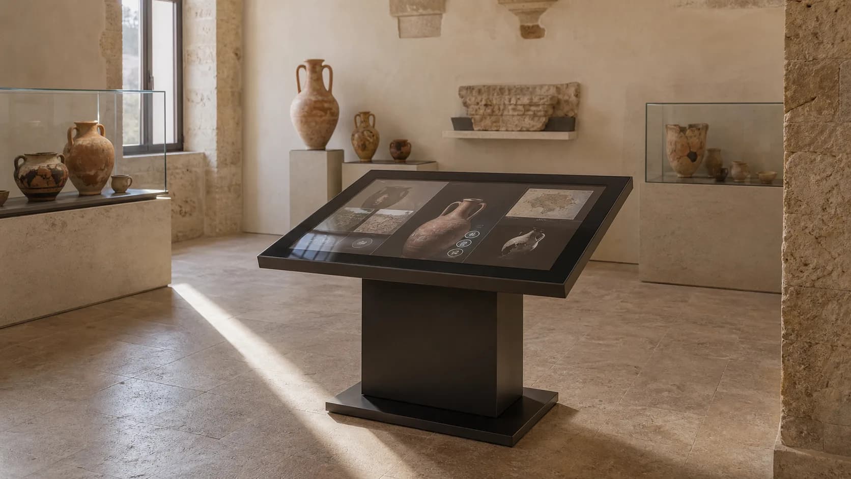 Sala museale con tavolo interattivo per la consultazione dei contenuti