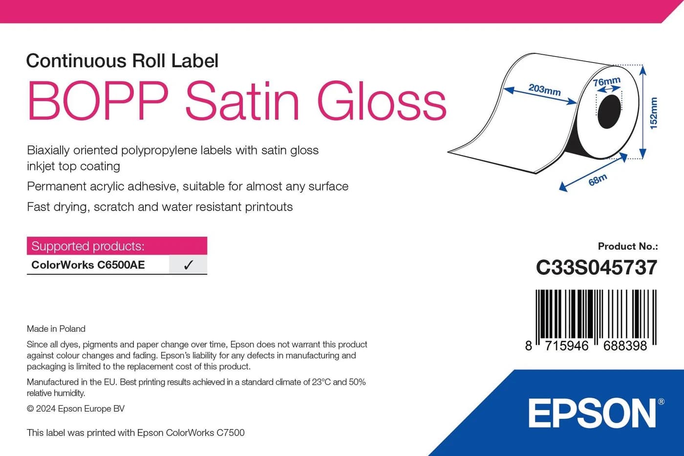 Epson BOPP Satin Gloss Label rotolo continuo 203 mm x 68 m