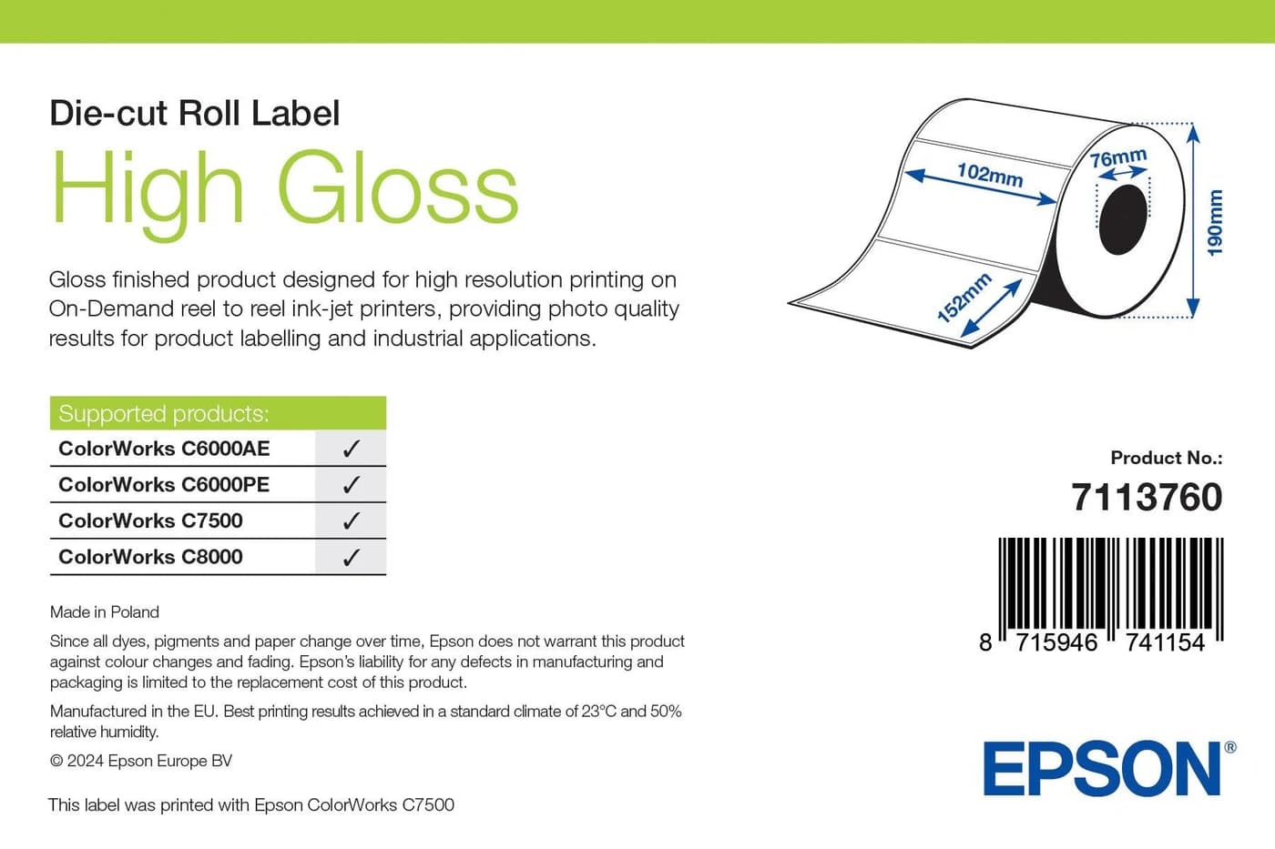 Epson High Gloss Label 102 x 152 mm, 800 etichette