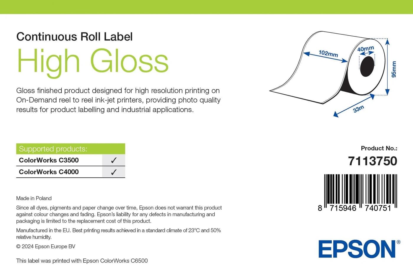Epson High Gloss Label rotolo continuo 102 mm x 33 m