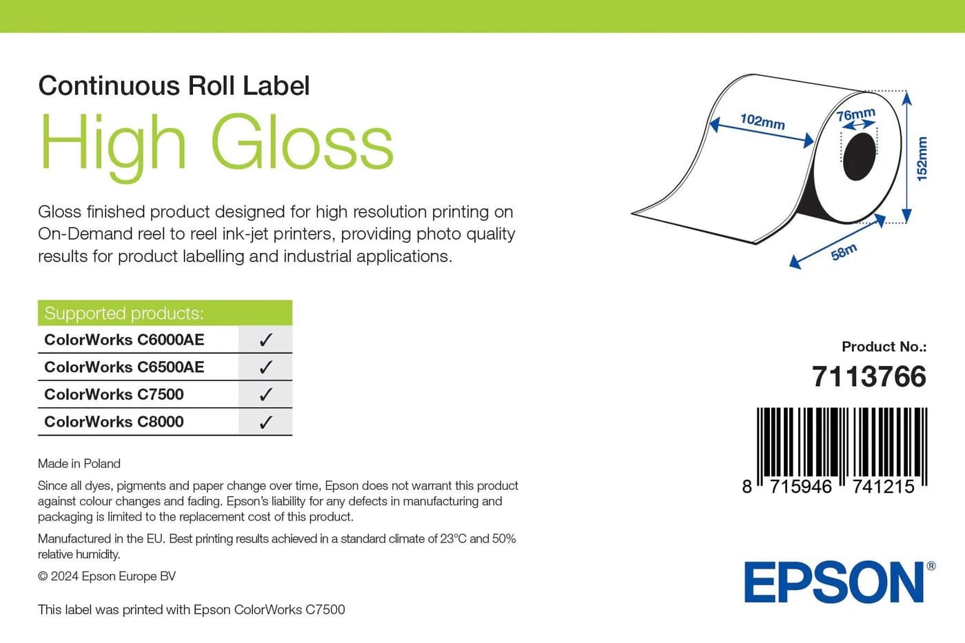 Epson High Gloss Label rotolo continuo 102 mm x 58 m