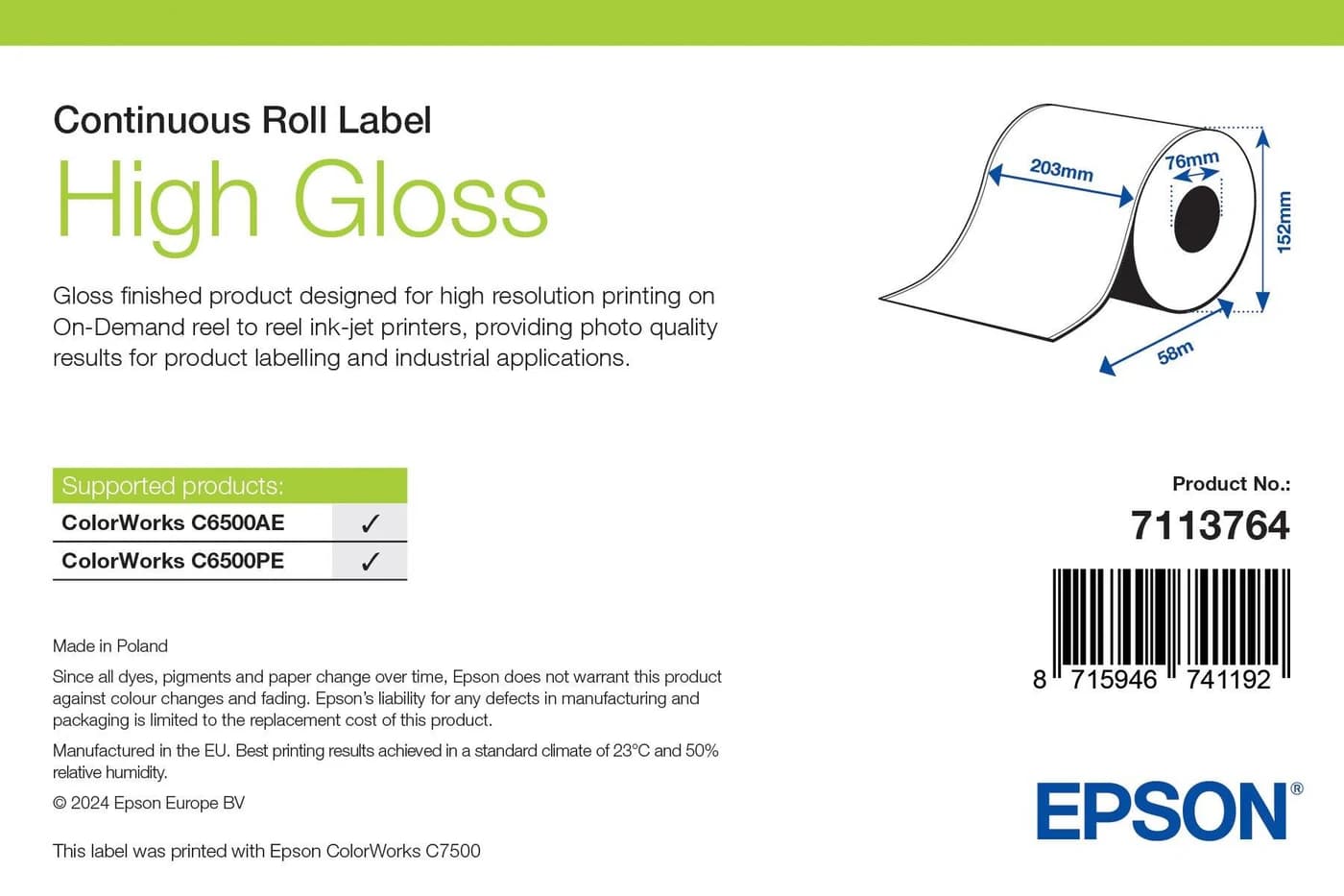 Epson High Gloss Label rotolo continuo 203 mm x 58 m