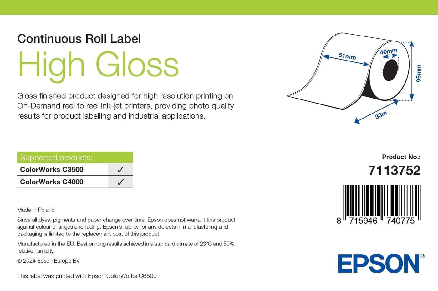 Epson High Gloss Label rotolo continuo 51 mm x 33 m