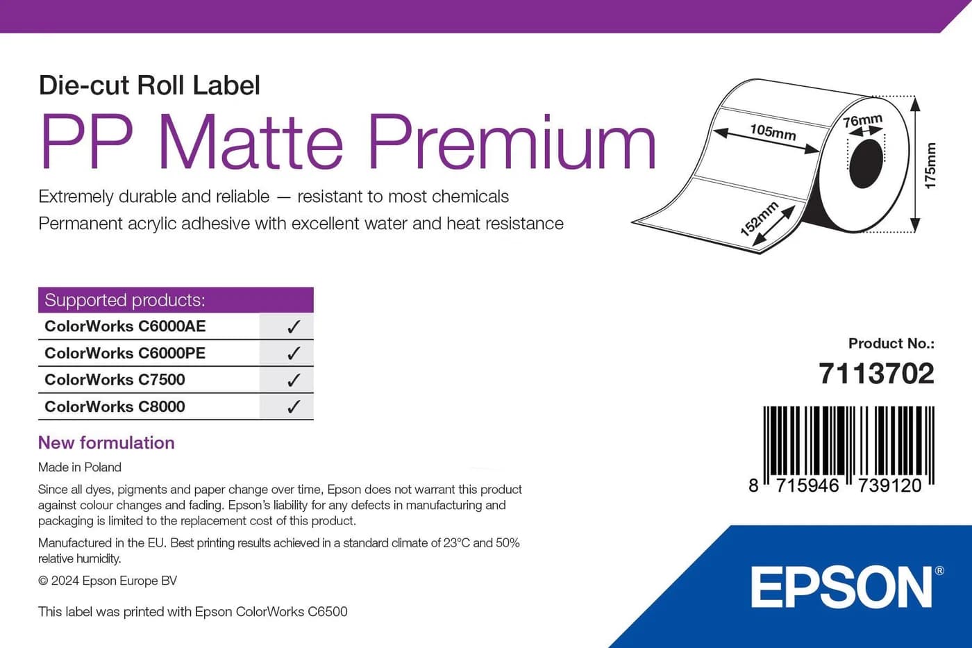 Epson PP Matte Label Premium 104 x 152 mm, 800 etichette