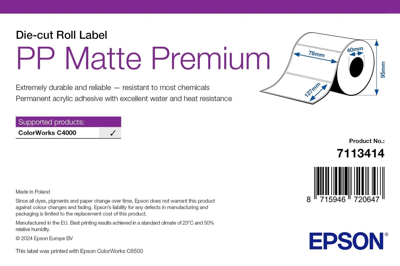 Epson PP Matte Label Premium 76 x 127 mm, 220 etichette