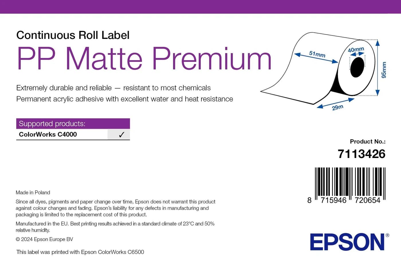 Epson PP Matte Label Premium rotolo continuo 51 mm x 29 m
