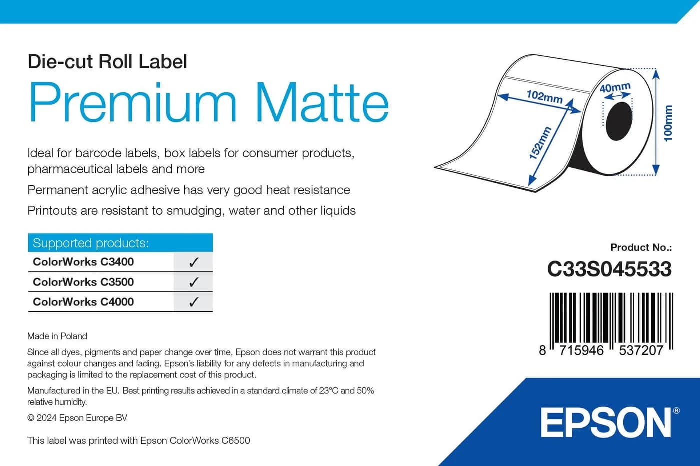 Epson Premium Matte Label 102 x 152 mm, 225 etichette
