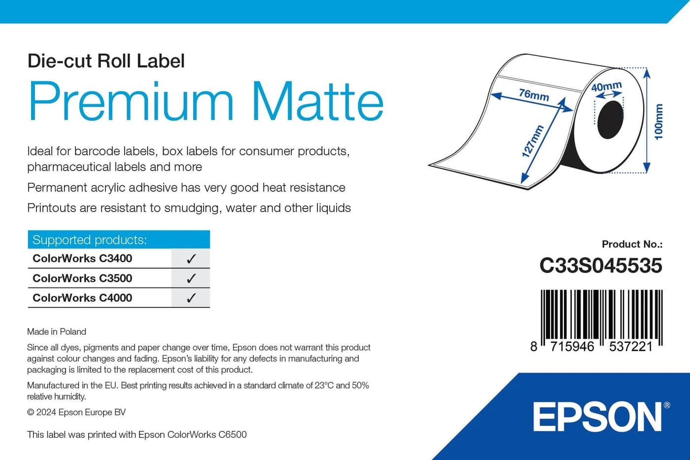 Epson Premium Matte Label 76 x 127 mm, 265 etichette