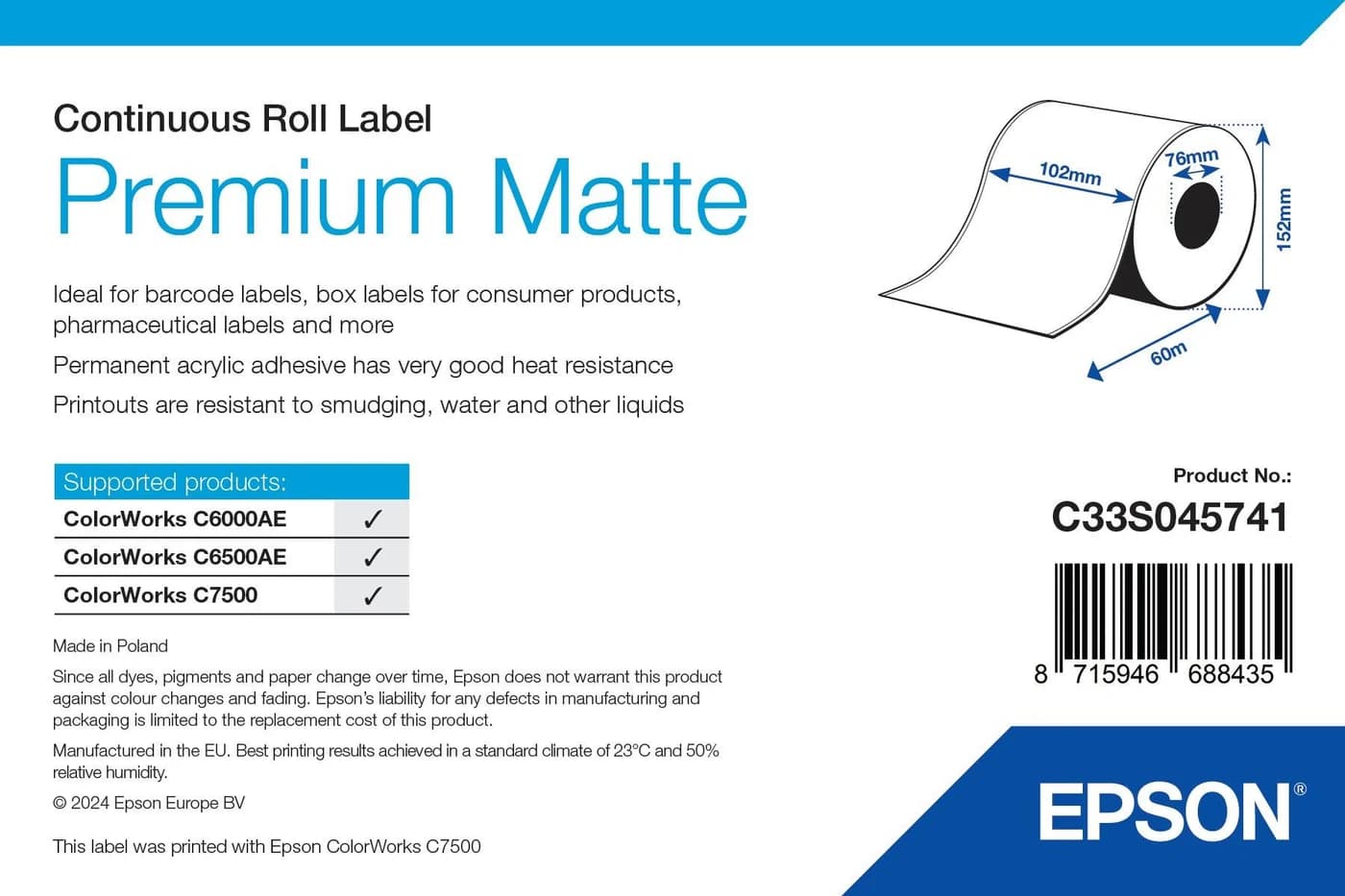 Epson Premium Matte Label rotolo continuo 102 mm x 60 m