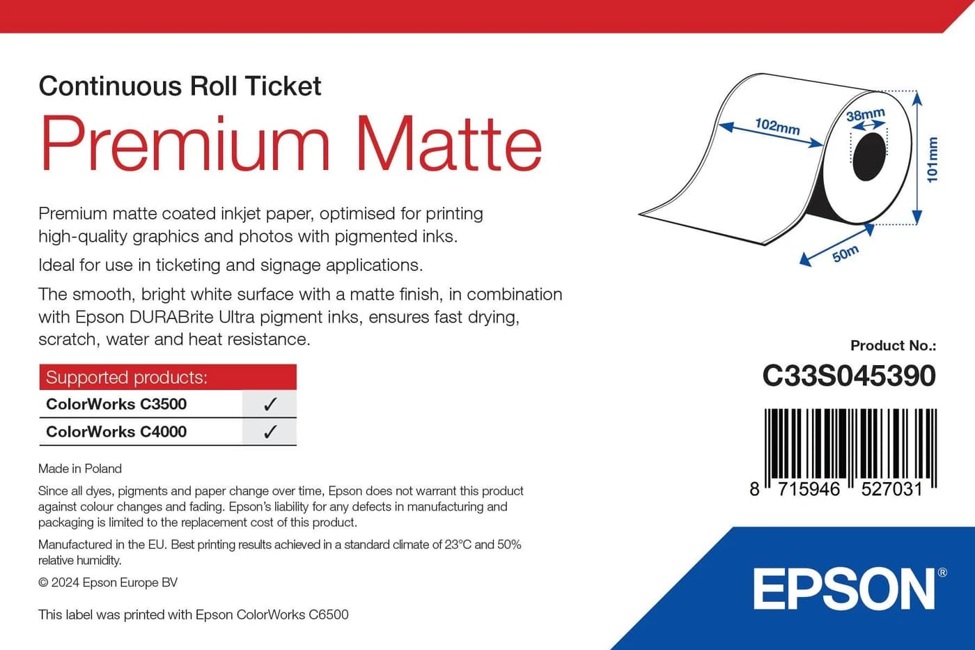 Epson Premium Matte Ticket rotolo continuo 102 mm x 50 m