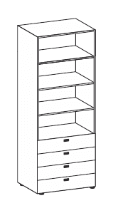 FLUX EVO LIBRERIA CON 4 CASSETTI H.240 SENZA SERRATURA STRUTTURA COLORE ARGENTO TOP STRUTTURALE COLORI MELAMINICO SPESSORE PIANO mm.25 - P.45,1xH.240xL.90xH.237,5 cm.