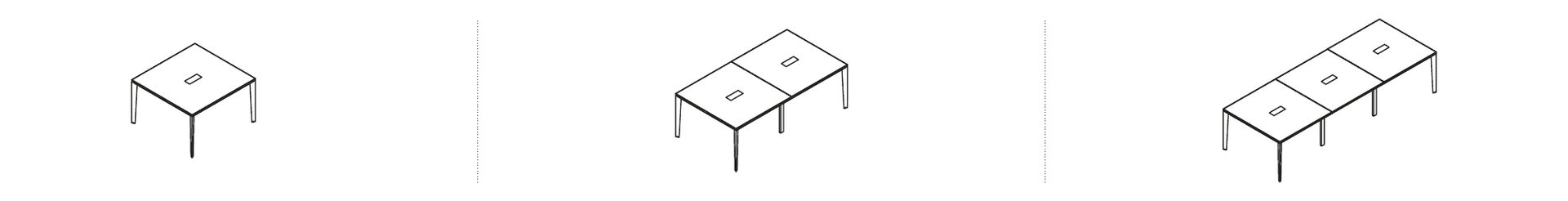 JOB TAVOLO RIUNIONE 3 MODULI PIANO LEGNO BIANCO CON PASSACAVO E VASCHETTA RACCOGLI CAVI GAMBA METALLO METALLIZZATO - P.123xH.74xL.360 cm.