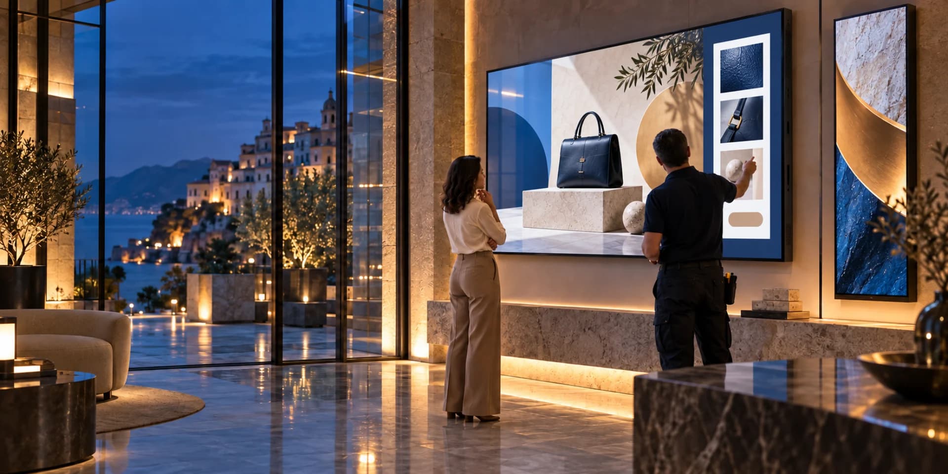 Monitor a parete con cornice nera e display verticale in uno spazio commerciale, con persone davanti allo schermo