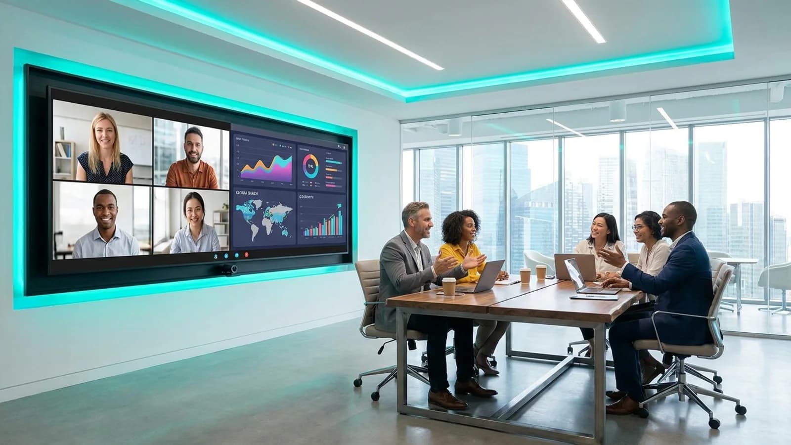 Sala riunioni con grande display per videoconferenza