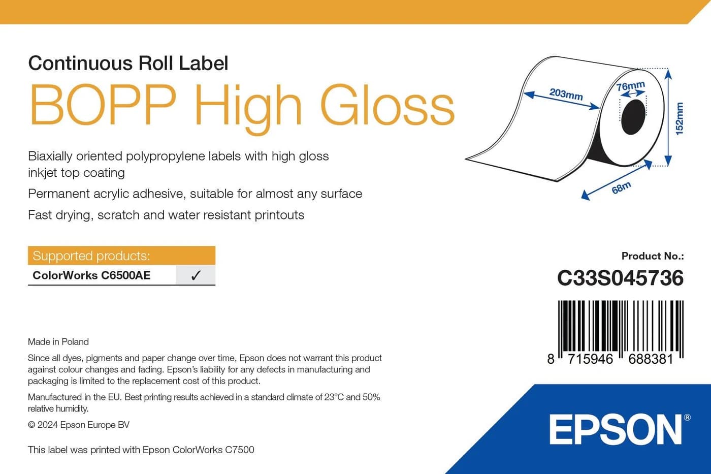 Epson BOPP High Gloss Label rotolo continuo 203 mm x 68 m