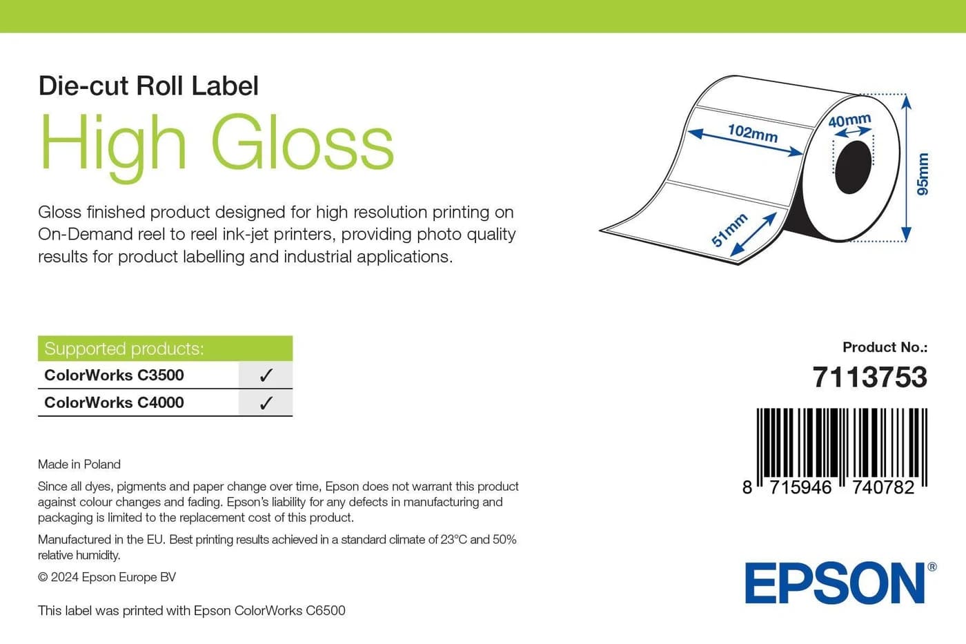 Epson High Gloss Label 102 x 51 mm, 610 etichette