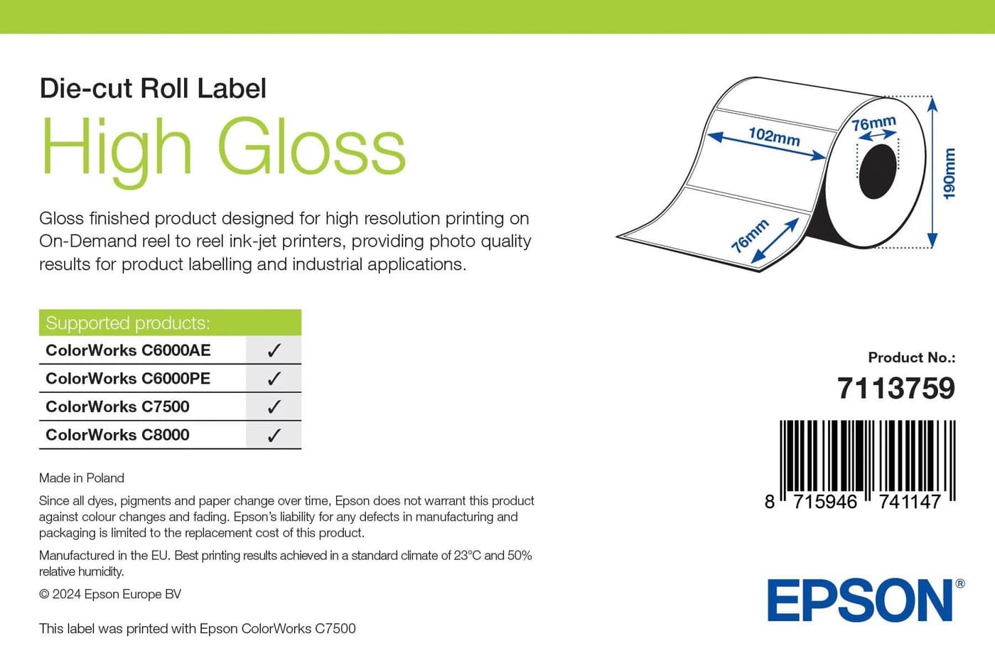 Epson High Gloss Label 102 x 76 mm, 1570 etichette