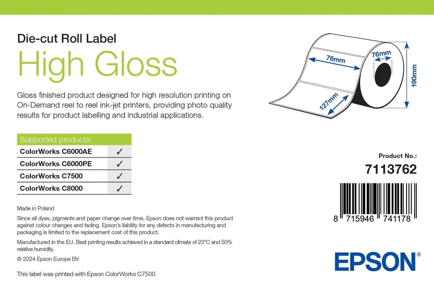Epson High Gloss Label 76 x 127 mm, 960 etichette