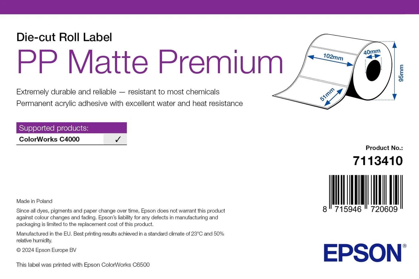 Epson PP Matte Label Premium 102 x 51 mm, 535 etichette