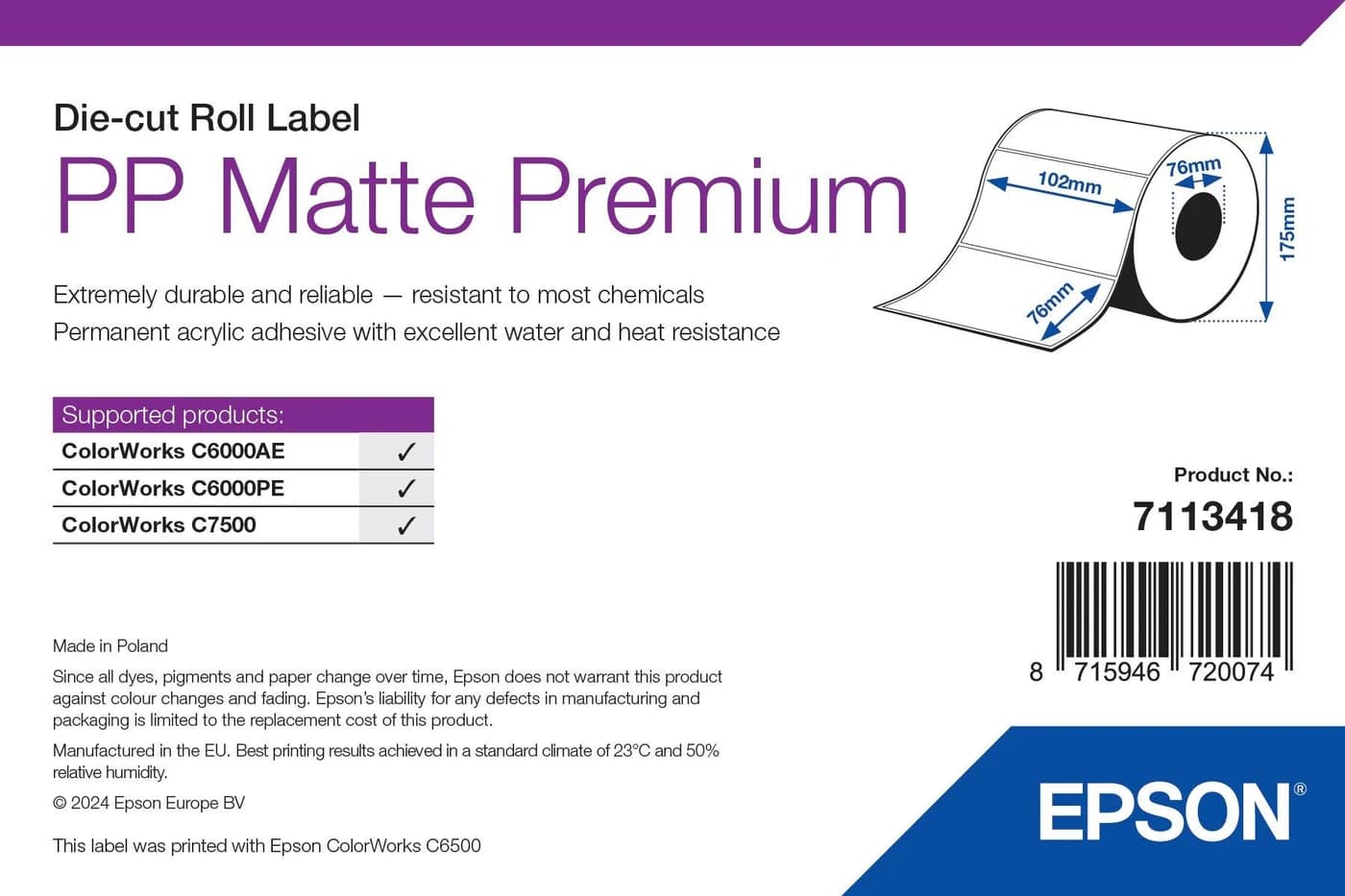 Epson PP Matte Label Premium 102 x 76 mm, 1570 etichette