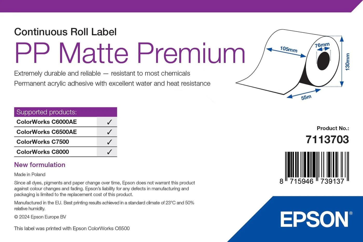 Epson PP Matte Label Premium rotolo continuo 105 mm x 55 m