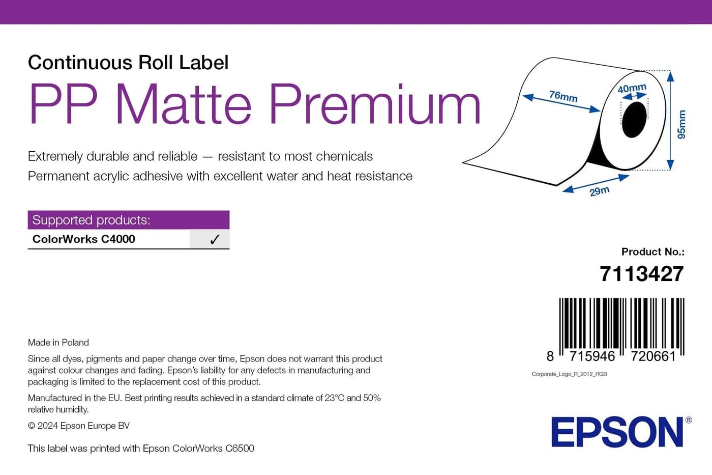 Epson PP Matte Label Premium rotolo continuo 76 mm x 29 m