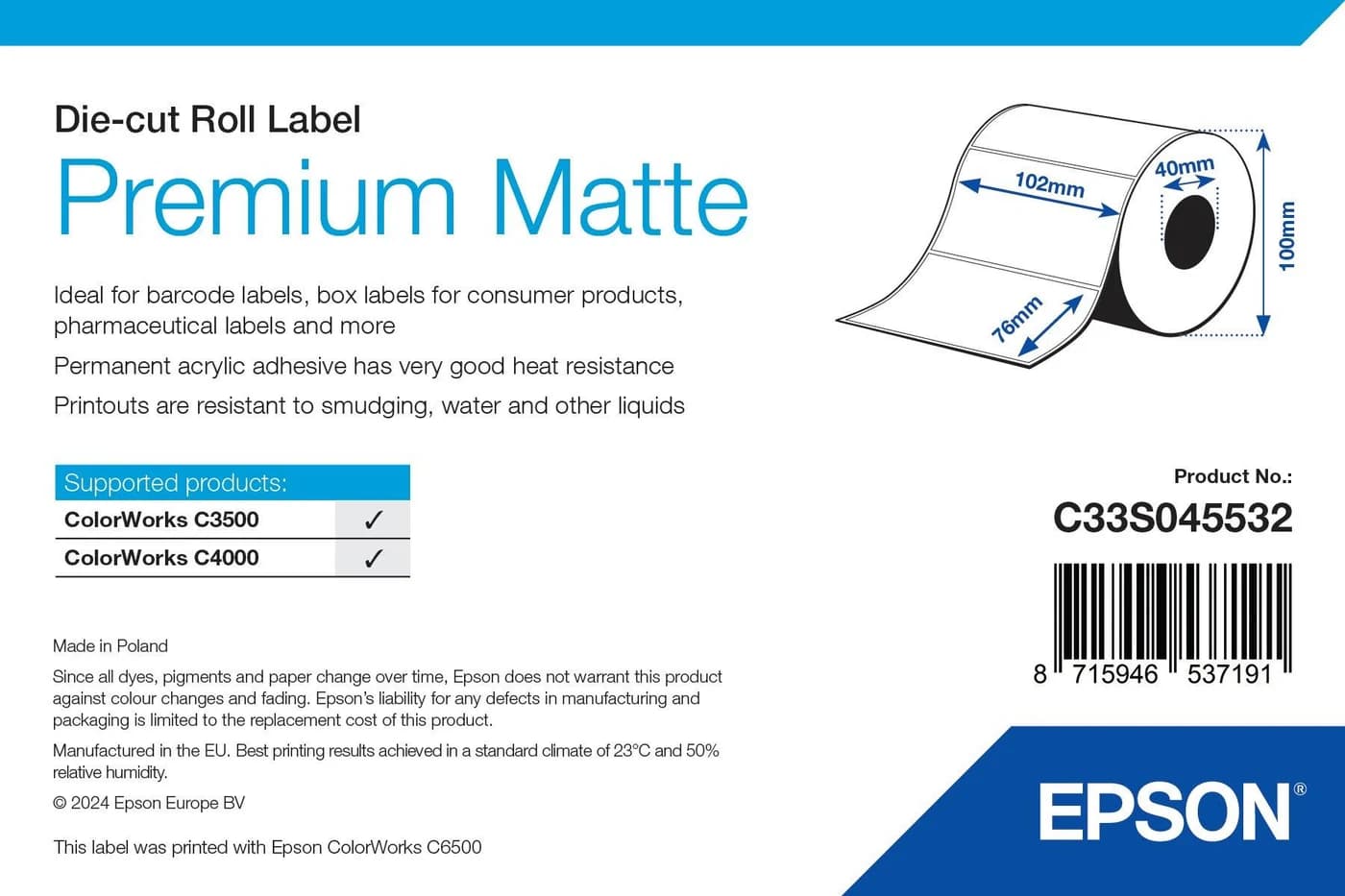 Epson Premium Matte Label 102 x 76 mm, 440 etichette