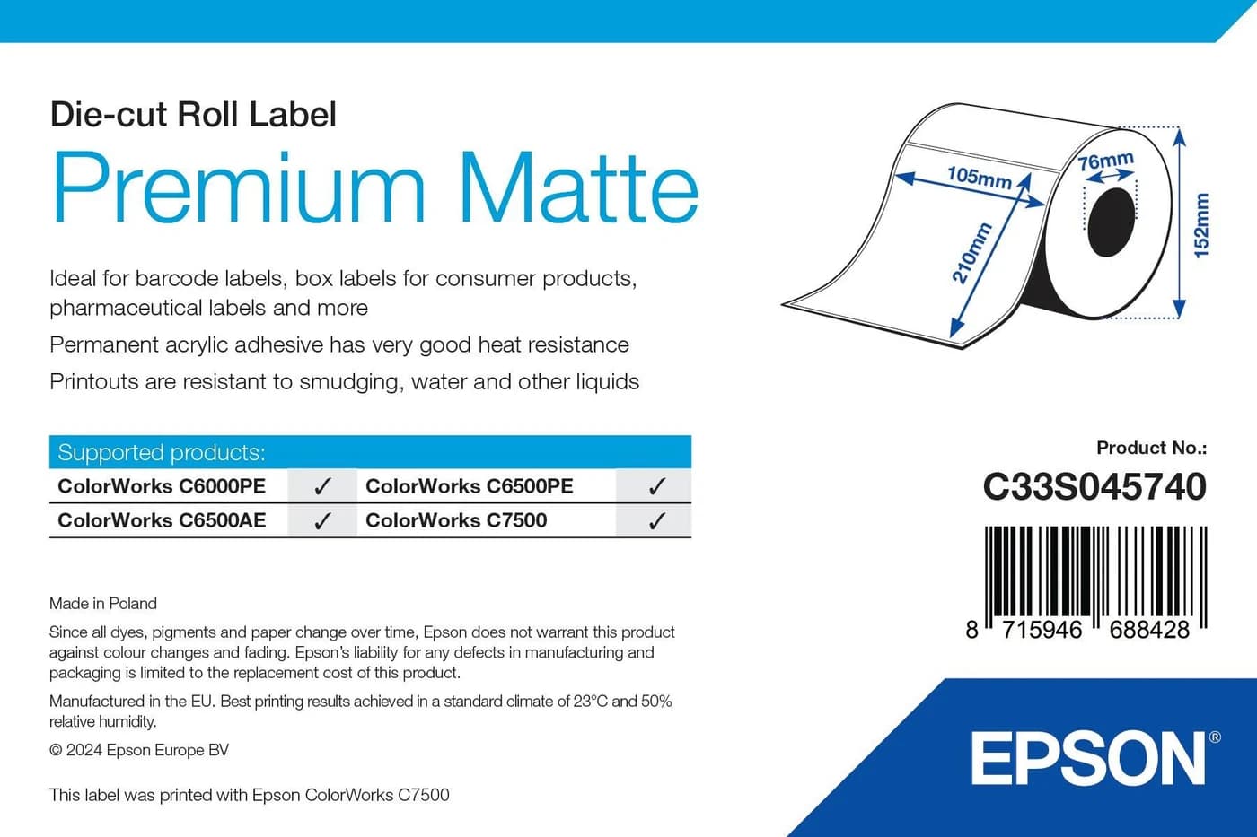Epson Premium Matte Label 105 x 210 mm, 282 etichette